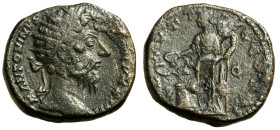 MARC'AURELIO (161-180) Dupondio. Testa rad. a ds. R/ SALVTI, Salus stante a sn.; davanti a lei, un altare acceso intorno al quale è avvolto un serpent...