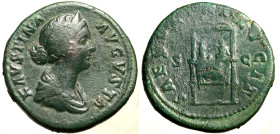FAUSTINA FIGLIA (moglie di Marc'Aurelio) Sesterzio. Busto diad. a ds. R/ Trono sul quale sono seduti commodo e Antonino. C. 193 (6f.); RIC 1665. RARO ...
