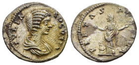 GIULIA DOMNA (Augusta, 193-217). Denario per Laodicea. AR (g 2,56). Busto drappeggiato a destra. R/ Pietas stante a sinistra, con le mani sollevate; a...
