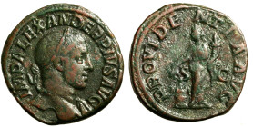 ALESSANDRO SEVERO (222-235) Sesterzio. IMP ALEXANDER PIVS AVG, Testa laur. a ds. R/ PROVIDENTIA AVG stante a sn.; a sn., un modio. RIC 642; C. 503. (g...