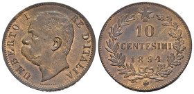 Regno d'Italia. Umberto I (1878-1900). 10 centesimi 1894 Bi (Birmingham) in alta conservazione. Gigante 50. SPL-FDC