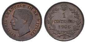 Regno d'Italia. Vittorio Emanuele III (1900-1943). 1 centesimo 1905 (5 della data ribattuto su 0). Cu. Gig.310b. RR. SPL+