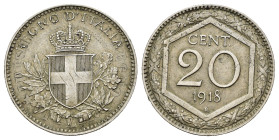 Vittorio Emanuele III (1900-1943). 20 centesimi 1918 "Esagono". Gig. 214. Tracce del vecchio conio di Umberto I. BB+
