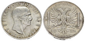 ALBANIA. Occupazione italiana. 10 Lek 1939. AR. Testa di Vittorio Emanuele III a destra. R/ Aquila bicefala; fasci ai lati. Pagani 991; Gigante 1; KM ...