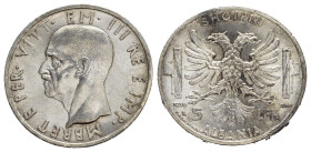 ALBANIA. Occupazione italiana. 5 Lek 1939. AR. Testa di Vittorio Emanuele III a sinistra. R/ Aquila bicefala; fasci ai lati. KM 33. qFDC