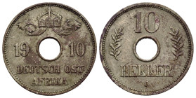 AFRICA ORIENTALE TEDESCA. Guglielmo II (1888-1918). 10 Heller 1910. Cupro-Nickel (g 6,23). Zecca di Amburgo. Corona su data. R/ Valore e segno di zecc...