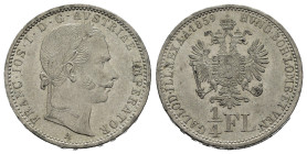 AUSTRIA. Francesco Giuseppe I (1848-1916). 1/4 Fiorino 1859-A. AR (g 5,30). Zecca di Vienna. Testa laureata a destra. R/ Aquila bicefala con stemma, s...