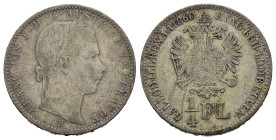 AUSTRIA. Francesco Giuseppe I (1848-1916). 1/4 Fiorino 1860-B. AR (g 5,27). Zecca di Kremnitz. Testa laureata a destra. R/ Aquila bicefala con stemma,...