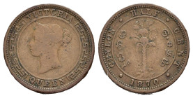 CEYLON (SRI LANKA). Vittoria (1837-1901). 1/2 Centesimo per Calcutta. AE (g 2,30). Testa diademata a sinistra. R/ Albero di palma. KM 91. MB