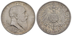 GERMANIA. Baden. Friedrich I (1856-1907). 2 Marchi 1902. AR (g 11,10). 50° Anniversario di regno del Duca. Testa barbata a destra. R/ Aquila imperiale...