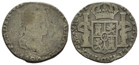 PERU. Ferdinando VII (1808-1821). 2 Reales 1823(?). AR (g 4,00). Zecca di Lima. Busto laureato a destra. R/ Stemma coronato tra colonne d'Ercole. KM 1...