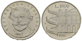 Repubblica Italiana. 1000 Lire 2001. AR (g 14,60). 100° Anniversario della Morte di Giuseppe Verdi. Ritratto frontale. R/ Veduta de "La Scala" di Mila...