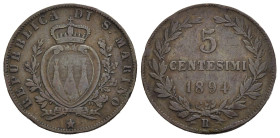 San Marino – Repubblica – 5 centesimi 1894. D/ stemma con legenda REPUBBLICA DI S. MARINO. R/ valore e data fra rami di lauro in basso R. Peso 5 gr. D...