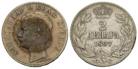 SERBIA. Alessandro I (1889-1903). 2 Dinara 1897. AR. Testa nuda a sinistra. R/ Valore e data su tre righe, entro corona floreale; corona sopra. KM 22....