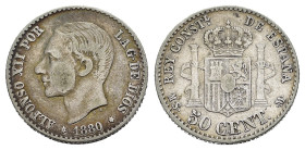 SPAGNA. Alfonso XII (1874-1885). 50 Centimos 1880-MSM per Madrid. AR (g 2,49). Testa nuda a sinistra. R/ Stemma coronato tra colonne d'Ercole. KM 685;...