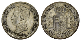 SPAGNA. Alfonso XIII (1886-1931). 50 Centimos 1904-SMV per Madrid. AR (g 2,44). Busto a sinistra in uniforme. R/ Stemma coronato tra colonne d'Ercole....