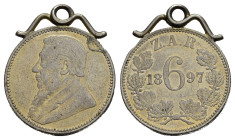 SUD AFRICA. Repubblica (1874-1902). 6 Pence 1897 per Pretoria. AR (g 3,03). Busto del presidente Kruger a sinistra. R/ Date e valore entro corona di u...
