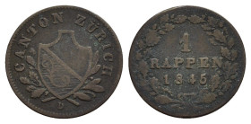 Svizzera – Cantone Zurigo – 1 Rappen 1845. D/ stemma con legenda CANTON ZURICH. R/ data e valore. Peso gr.1.3 Diametro 15 mm. Conservazione MB.