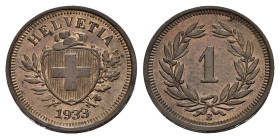 SVIZZERA. 1 Rappen 1933-B per Berna. AE (g 1,50). Stemma tra rami di alloro e quercia. R/ Valore entro corona di alloro. HMZ 2 1215; KM 3. qFDC