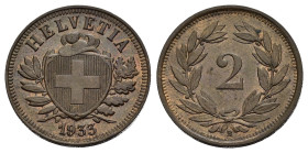 SVIZZERA. 2 Rappen 1933-B per Berna. AE (g 3,00). Stemma tra rami di alloro e quercia. R/ Valore entro corona di alloro. HMZ 2 1213; KM 4.2a. qFDC