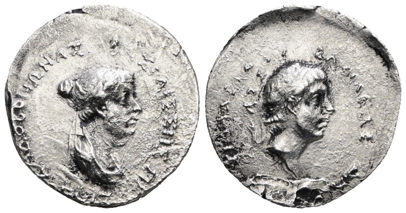 Deiotarus Philadelphus with queen Adobogonia
Drachm Silver AR
Obverse : ΒΑΣΙΛΕ...