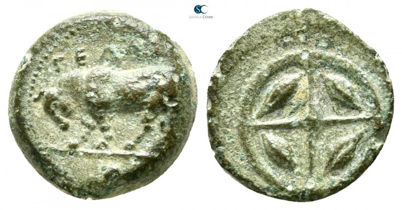 Sicily. Gela 420-405 BC. 
Onkia Æ

13 mm., 1,35 g.

Bull butting left; ΓEΛ[...