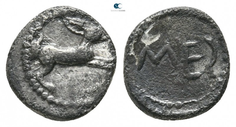 Sicily. Messana 480-461 BC. 
Litra AR

10 mm., 0,77 g.

Hare springing righ...