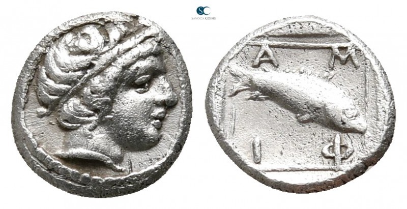 Macedon. Amphipolis circa 357-353 BC. 
Obol AR

8 mm., 0,43 g.

Male head r...