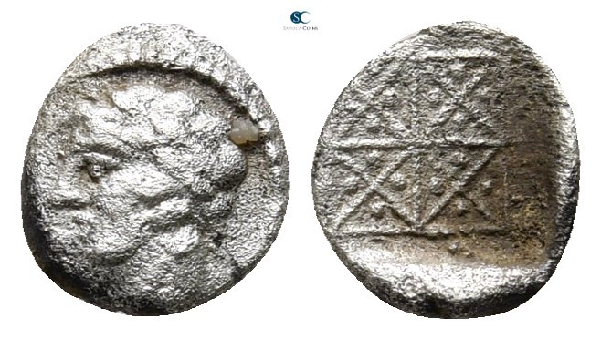 Macedon. Chalkidian League, Olynthos mint 425-390 BC. 
Obol AR, reduced standar...