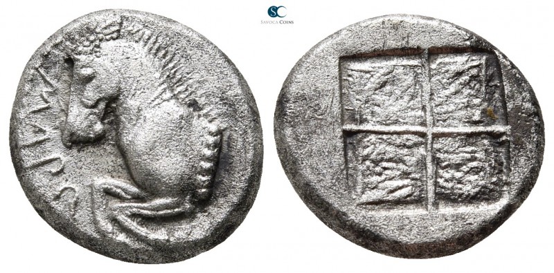 Thrace. Maroneia 470-450 BC. 
Drachm AR

15 mm., 3,77 g.

ΜΑΡΩ; forepart of...