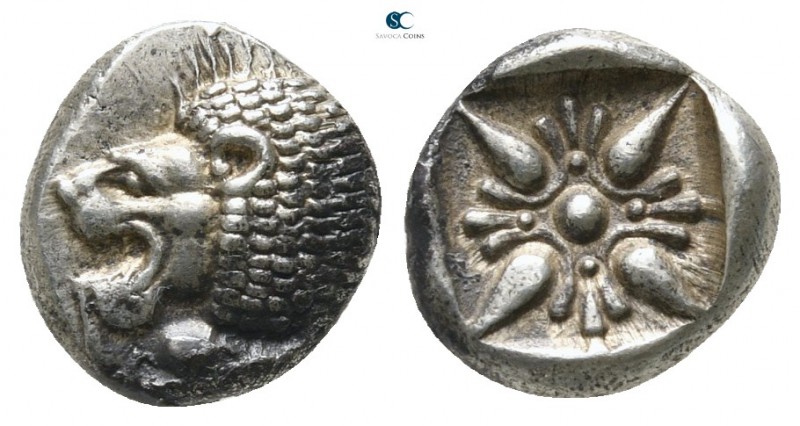 Ionia. Miletos circa 500 BC. 
Diobol AR

10 mm., 1,14 g.

Forepart of lion ...