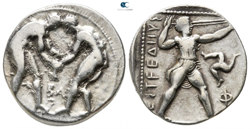 Pamphylia. Aspendos 420-370 BC. 
Stater AR

23 mm., 10,88 g.

Two wrestlers...