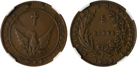 GREECE: 5 Lepta (1828) (type A.1) in copper. Phoenix with converging rays on obverse. Variety "134a-D1.b" (Scarce / ΕΛΛΗΝΙΚ) by Peter Chase. Inside sl...