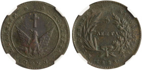 GREECE: 5 Lepta (1828) (type A.1) in copper. Phoenix with converging rays on obverse. Variety "136-F.c" by Peter Chase. Inside slab by NGC "XF DETAILS...
