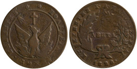 GREECE: 5 Lepta (1828) (type A.2) in copper. Phoenix with unconcentrated rays on obverse. Variety "138-H.d" by Peter Chase. (Hellas 8.2). About Fine.