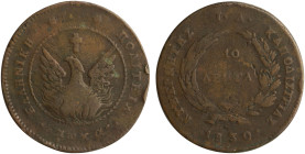 GREECE: 10 Lepta (1830) (type B.1) in copper. Phoenix (small) within pearl circle on obverse. Variety "271-H.h" (Scarce) by Peter Chase. Medal alignme...