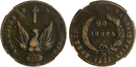 GREECE: 20 Lepta (1831) in copper. Phoenix on obverse. Variety "479-E.e" by Peter Chase. Inside slab by NGC "VF 30 BN". Cert number: 6648185-016. (Hel...