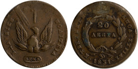 GREECE: 20 Lepta (1831) in copper. Phoenix on obverse. Variety "496-M.n" by Peter Chase. Strikes on the perimeter. (Hellas 19.27). Very Fine.