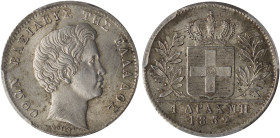 GREECE: 1 Drachma (1832) (type I) in silver (0,900). Head of King Otto facing right and inscription "ΟΘΩΝ ΒΑΣΙΛΕΥΣ ΤΗΣ ΕΛΛΑΔΟΣ" on obverse. Inside sla...
