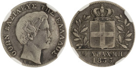 GREECE: 1/2 Drachma (1833) (type I) in silver (0,900). Head of King Otto facing right and inscription "ΟΘΩΝ ΒΑΣΙΛΕΥΣ ΤΗΣ ΕΛΛΑΔΟΣ" on obverse. Inside s...