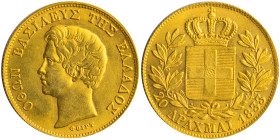 GREECE: 20 Drachmas (1833) in gold (0,900). Head of King Otto facing left and inscription "ΟΘΩΝ ΒΑΣΙΛΕΥΣ ΤΗΣ ΕΛΛΑΔΟΣ" on obverse. Weight: 5,82g. (Hell...