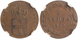 GREECE: 2 Lepta (1838) (type I) in copper. Royal coat of arms and inscription "ΒΑΣΙΛΕΙΑ ΤΗΣ ΕΛΛΑΔΟΣ" on obverse. Inside slab by NGC "AU DETAILS / DAMA...