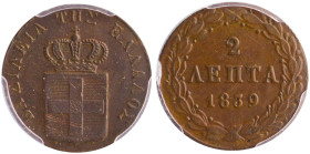GREECE: 2 Lepta (1839) (type I) in copper. Royal coat of arms and inscription "ΒΑΣΙΛΕΙΑ ΤΗΣ ΕΛΛΑΔΟΣ" on obverse. Inside slab by PCGS "AU 55". Cert num...