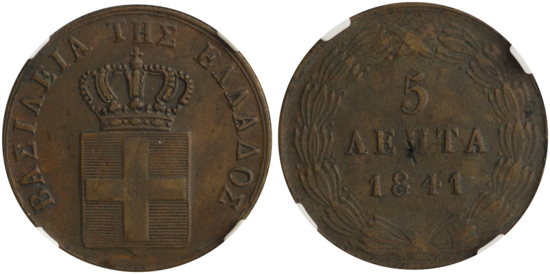 GREECE: 5 Lepta (1841) (type I) in copper. Royal coat of arms and inscription "Β...