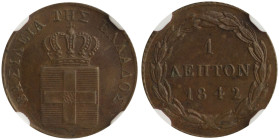 GREECE: 1 Lepton (1842) (type I) in copper. Royal coat of arms and inscription "ΒΑΣΙΛΕΙΑ ΤΗΣ ΕΛΛΑΔΟΣ" on obverse. Inside slab by NGC "MS 63 BN". Cert ...
