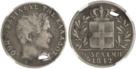 GREECE: Rejected design of 1/2 Drachma (1842 X) (type Ia) in silver (0,900). New portrait of King Otto facing right and inscription "ΟΘΩΝ ΒΑΣΙΛΕΥΣ ΤΗΣ...