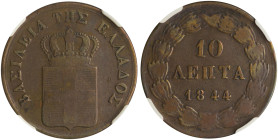GREECE: 10 Lepta (1844) (type I) in copper. Royal coat of arms and inscription "ΒΑΣΙΛΕΙΑ ΤΗΣ ΕΛΛΑΔΟΣ" on obverse. Inside slab by NGC "VF 30 ΒΝ". Cert ...