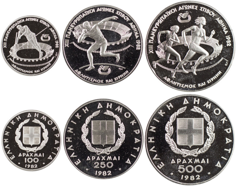 GREECE: Commemorative set (1982) in silver (0,900) composed of 100 Drachmas, 250...
