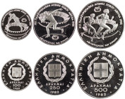 GREECE: Commemorative set (1982) in silver (0,900) composed of 100 Drachmas, 250 Drachmas & 500 Drachmas for the XIII Pan-European Track and Field eve...