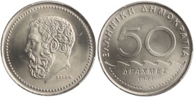 GREECE: 50 Drachmas (1984) (type Ia) in copper-nickel. Value, waves and inscription "ΕΛΛΗΝΙΚΗ ΔΗΜΟΚΡΑΤΙΑ" on obverse. Head of Solon facing left on rev...